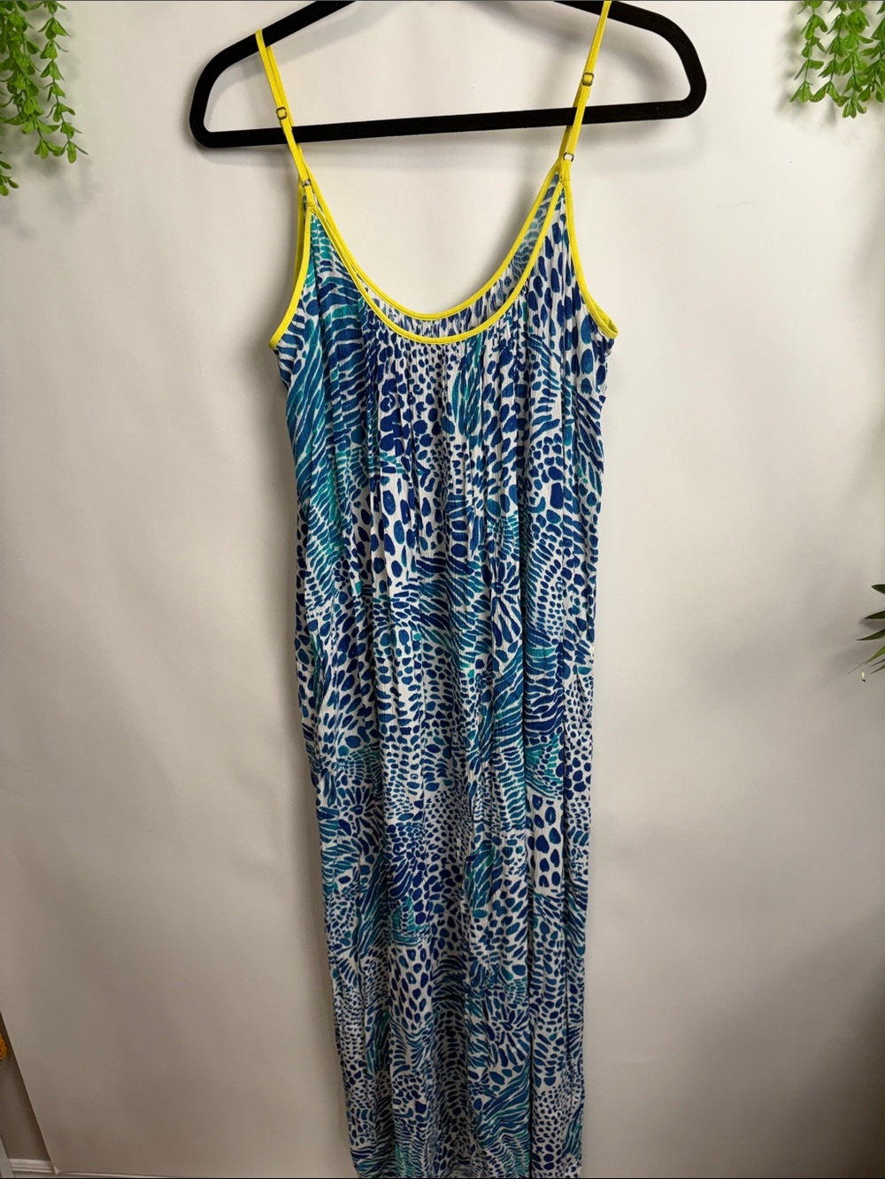Lilly Pulitzer Blue Teal Print Maxi Dress with Yellow Trim